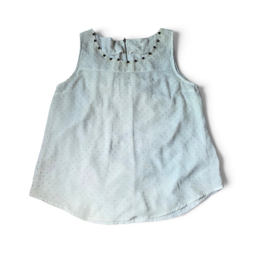 MINE White Polka Dot Sleeveless Blouse Beaded Neck Size M